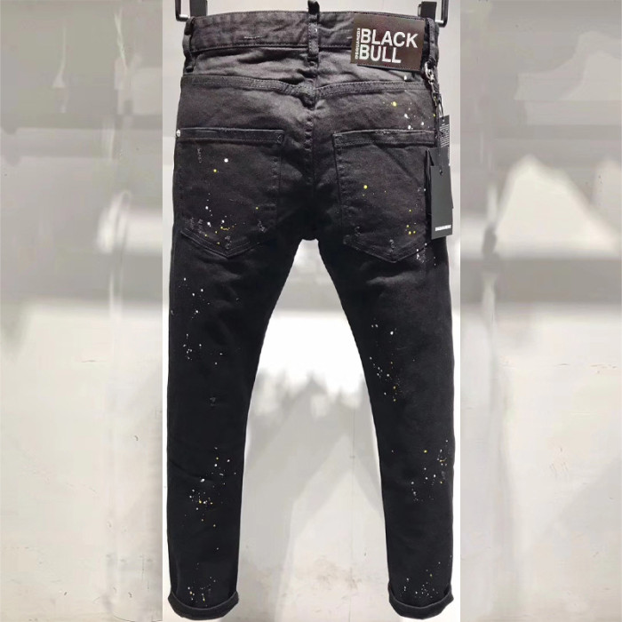 Men's Slim-fit Fashionable Black Printed Cotton Elasticity Paint splattered Street-style Pants