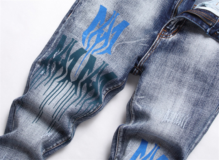 Elasticity and Trendy Prints Distressed Denim Jeans
