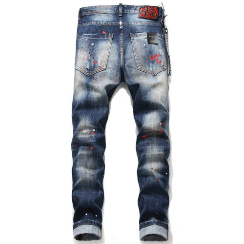 Distressed Denim Paint Splatter Slim Fit Jeans for Men