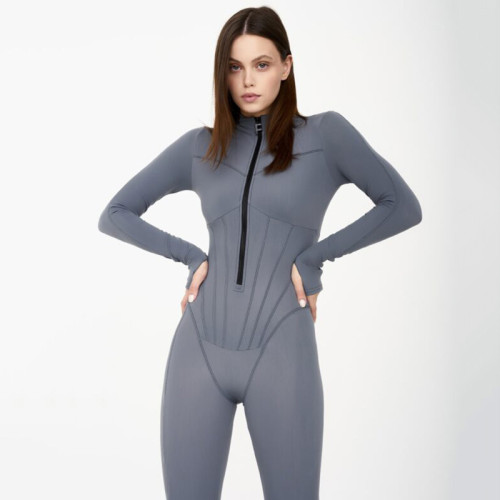 Sexy Tight Zipper Jumpsuit with European and American Style, Autumn New Long Sleeve Round Neck Bottoming Pants