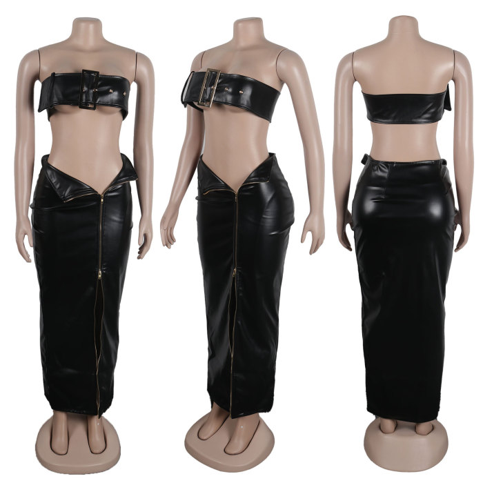 Sexy Leather Metal Buckle Tight-Fitting Hip Skirt Set