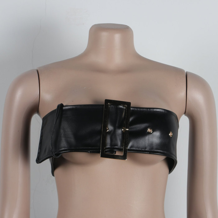 Sexy Leather Metal Buckle Tight-Fitting Hip Skirt Set