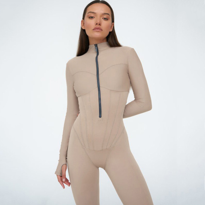 Sexy Tight Zipper Jumpsuit with European and American Style, Autumn New Long Sleeve Round Neck Bottoming Pants