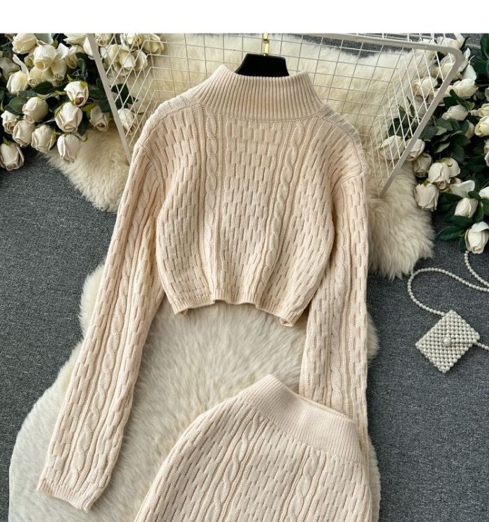 Fashion Autumn/Winter Short Knit Cardigan + Midi Length Skirt Set for Women