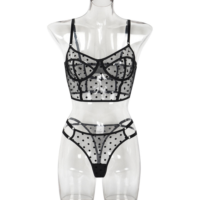 Polka Dot Peek-a-Boo Lingerie Set with Steel Ring and Back Cutout