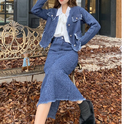 Cozy Chic Fuzzy Trim Long Sleeve Coat and High-Waisted Midi Skirt Set