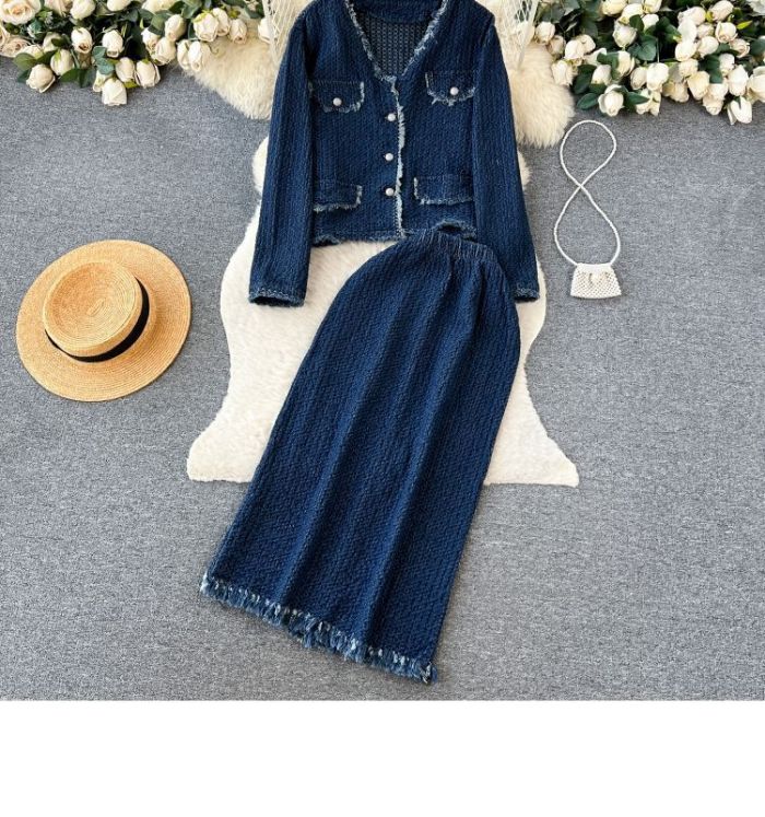 Cozy Chic Fuzzy Trim Long Sleeve Coat and High-Waisted Midi Skirt Set