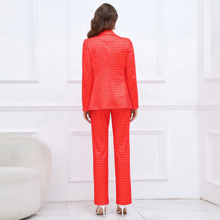 Bird's Eye Check Double-Breasted Suit Jacket + Slim Straight-Leg Suit Trousers Set