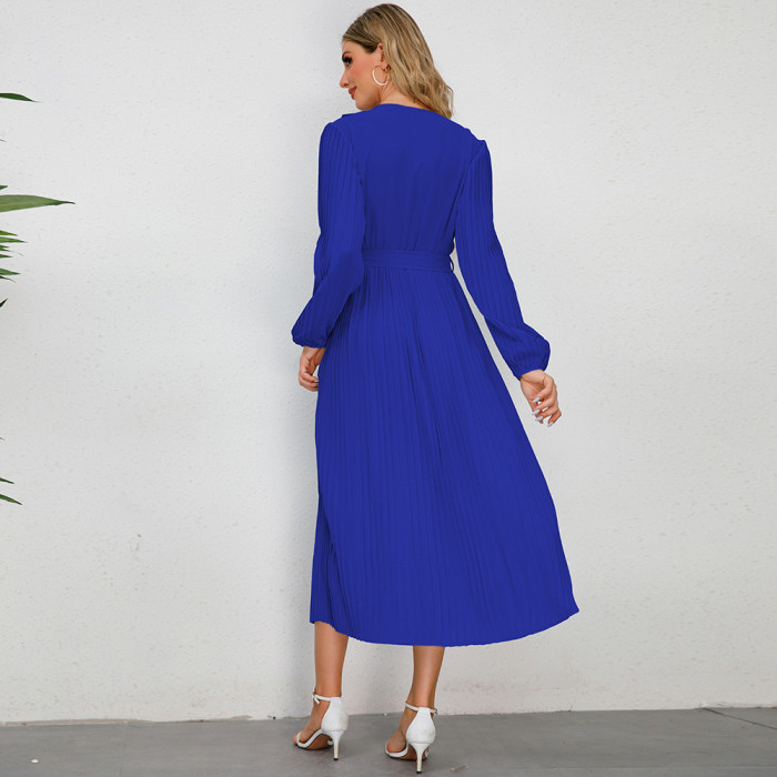 Elegance Redefined Pleated V-Neck Long Sleeve Maxi Dress with Lotus Leaf Trim