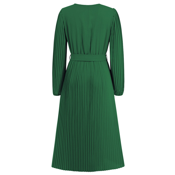 Elegance Redefined Pleated V-Neck Long Sleeve Maxi Dress with Lotus Leaf Trim