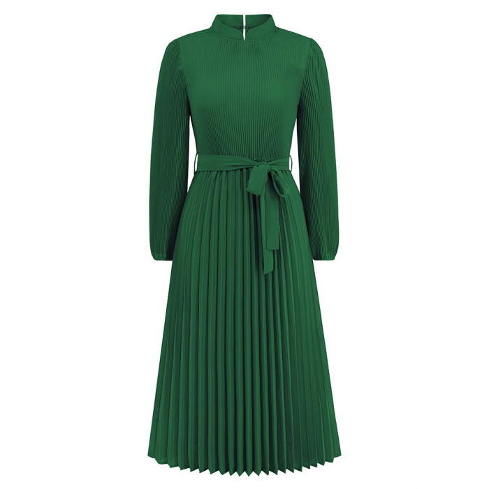 Pleated Bubble Sleeve Dress with Stand Collar