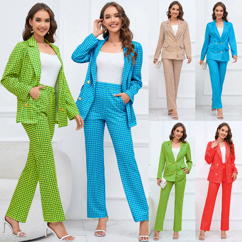 Bird's Eye Check Double-Breasted Suit Jacket + Slim Straight-Leg Suit Trousers Set
