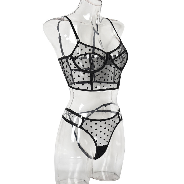 Polka Dot Peek-a-Boo Lingerie Set with Steel Ring and Back Cutout