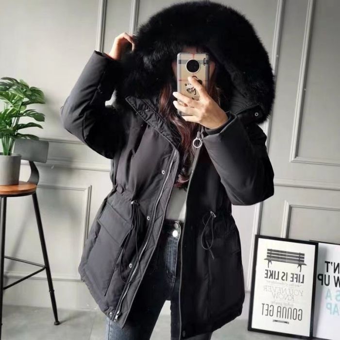 Drawstring Thickened Hooded Coat with Large Faux Fur Collar