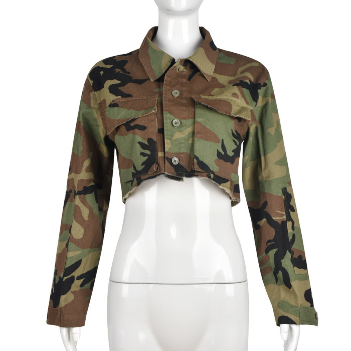 Camouflage Pocket Cardigan Outdoor Washed Long-Sleeved Short Jacket
