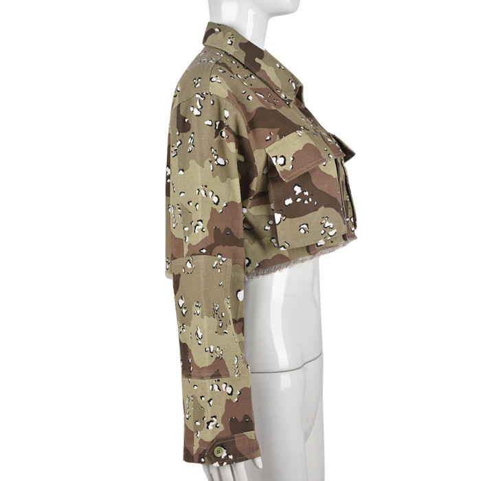 Camouflage Pocket Cardigan Outdoor Washed Long-Sleeved Short Jacket