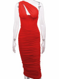 Sheer one-Shoulder Fishbone Steel Ring Pleated Backless Midi Dress