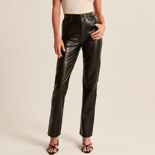 Women's Straight-Leg PU Leather Pants for Autumn and Winter