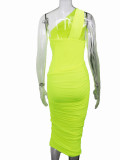 Sheer one-Shoulder Fishbone Steel Ring Pleated Backless Midi Dress