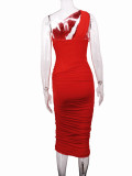 Sheer one-Shoulder Fishbone Steel Ring Pleated Backless Midi Dress