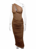 Sheer one-Shoulder Fishbone Steel Ring Pleated Backless Midi Dress