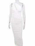Sheer one-Shoulder Fishbone Steel Ring Pleated Backless Midi Dress
