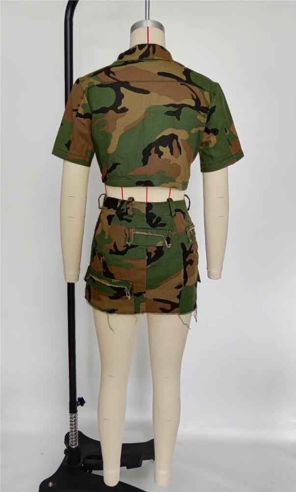 Camouflage Fabric Pocket Irregular Top and Sexy Skirt Set