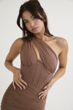 Sheer one-Shoulder Fishbone Steel Ring Pleated Backless Midi Dress