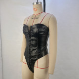 Fashionable Women's Strapless Backless with Chicken Eye Tie PU  Bodysuit