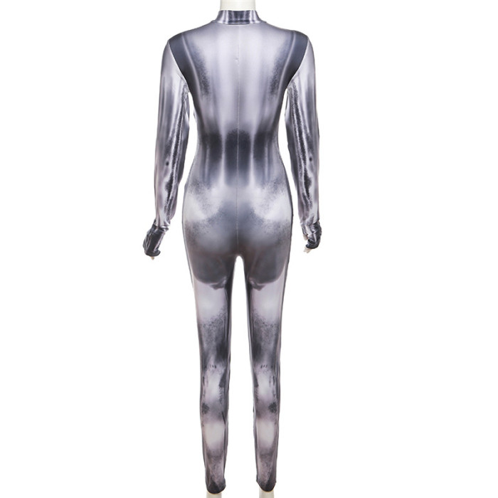 Digital Print Long Sleeve Bodysuit Jumpsuit