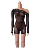 Women Bodysuit with Rhinestones Slash Shoulder Mesh Sexy Lingerie