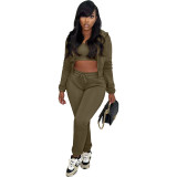 Zipper-Designed Outerwear Set with Top and Drawstring Pants