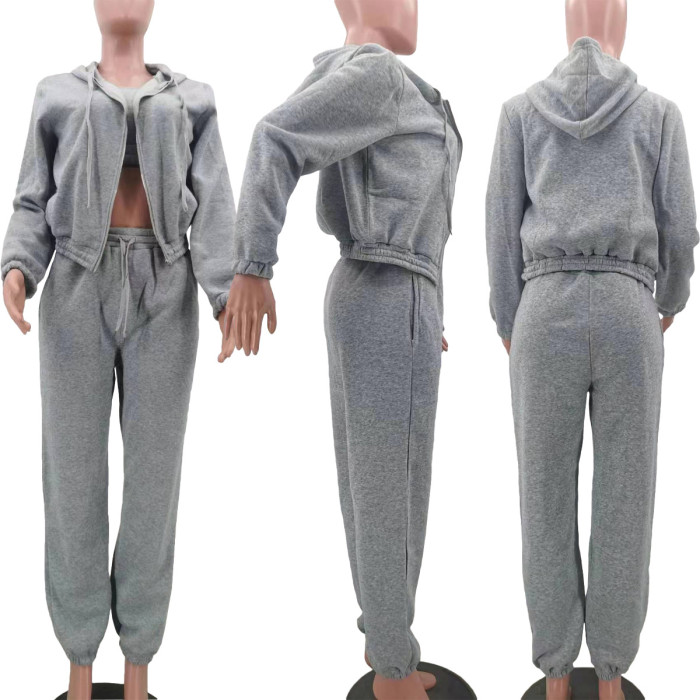 Zipper-Designed Outerwear Set with Top and Drawstring Pants