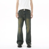 Men's Vintage Distressed Blue High Waisted Wide Leg Flared Jeans