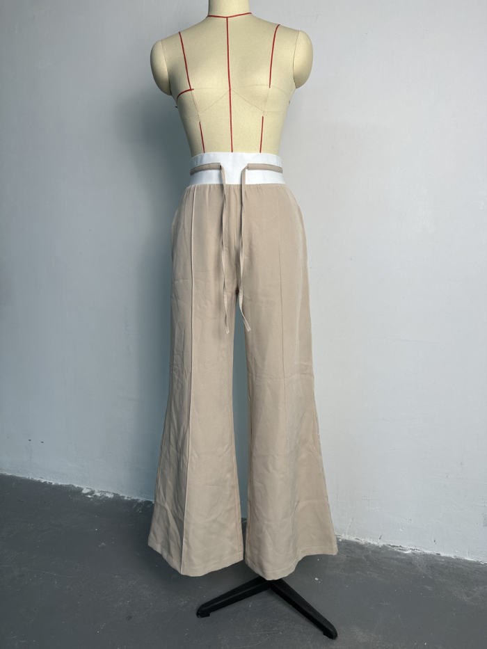 Round Neck Bubble Sleeve Top With Tie Up Wide Leg Pants Casual Set