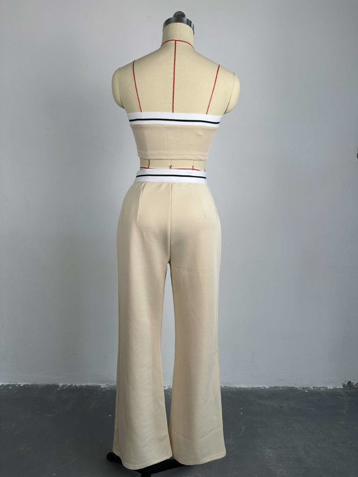Color-Blocked Crop Top and High-Waisted Wide Leg Pants Set