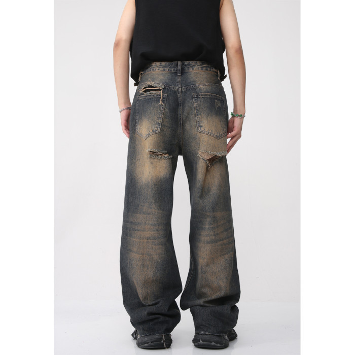 Men's Vintage Rusty Iron-Colored Distressed  Frayed Edges and Holes Jeans