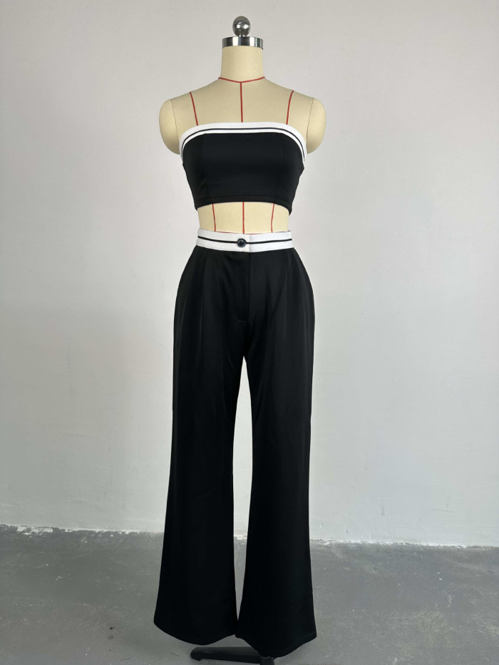 Color-Blocked Crop Top and High-Waisted Wide Leg Pants Set