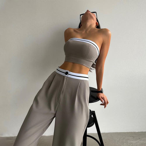 Color-Blocked Crop Top and High-Waisted Wide Leg Pants Set