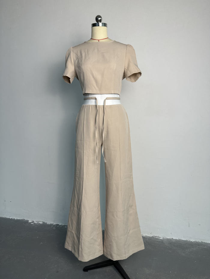 Round Neck Bubble Sleeve Top With Tie Up Wide Leg Pants Casual Set