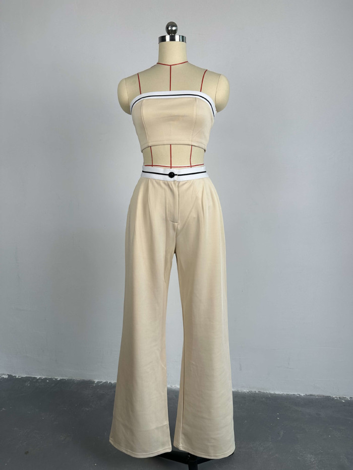 Color-Blocked Crop Top and High-Waisted Wide Leg Pants Set