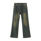 Men's Vintage Distressed Blue High Waisted Wide Leg Flared Jeans