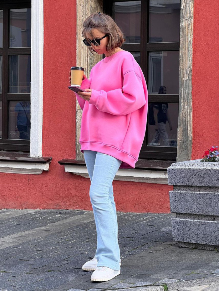 Solid Color Oversized Fleece Pullover Round Neck Sweater