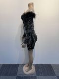 Sparkling Diamond Feather Stretch One-Shoulder Bodycon Dress