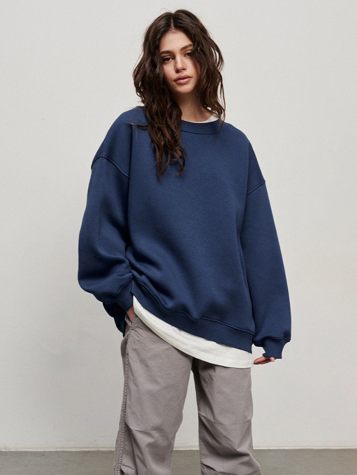 Solid Color Oversized Fleece Pullover Round Neck Sweater