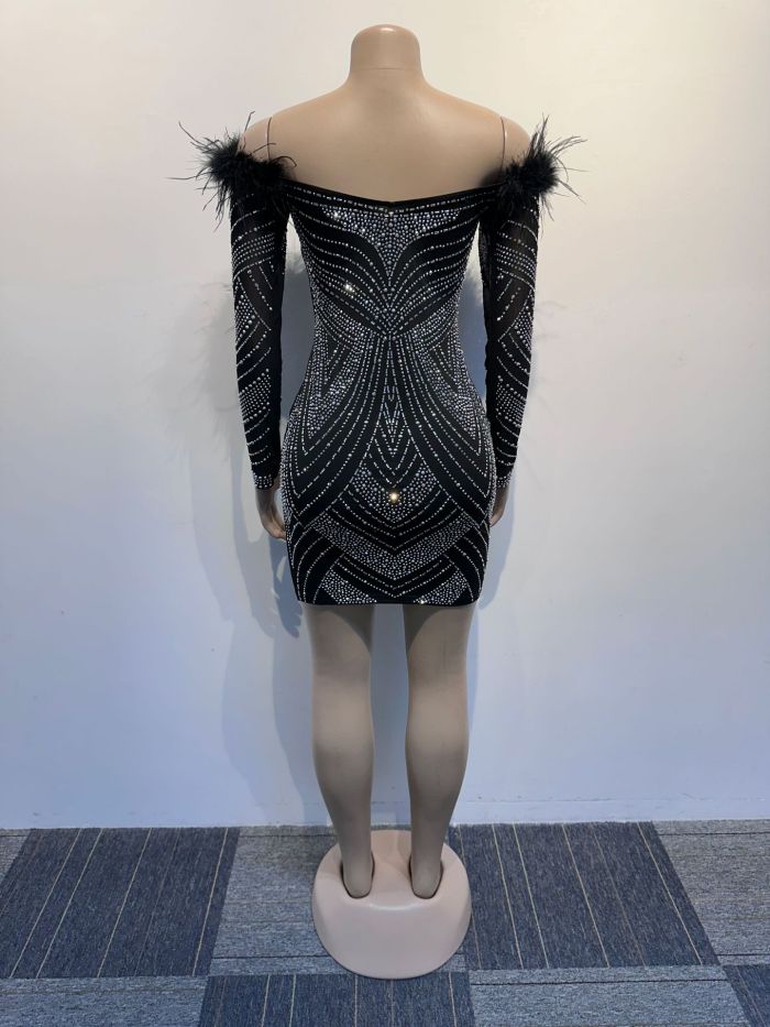 Sparkling Diamond Feather Stretch One-Shoulder Bodycon Dress