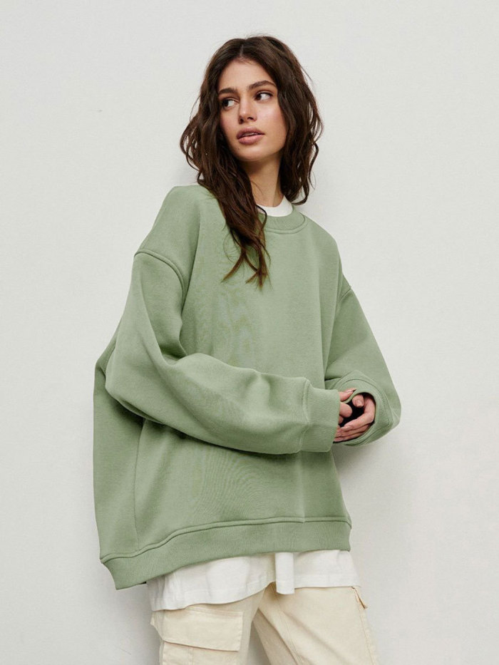 Solid Color Oversized Fleece Pullover Round Neck Sweater