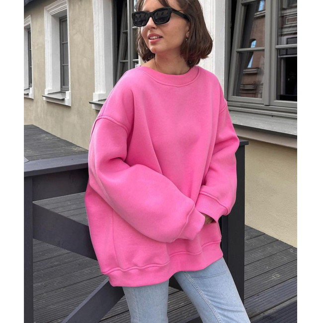 Solid Color Oversized Fleece Pullover Round Neck Sweater