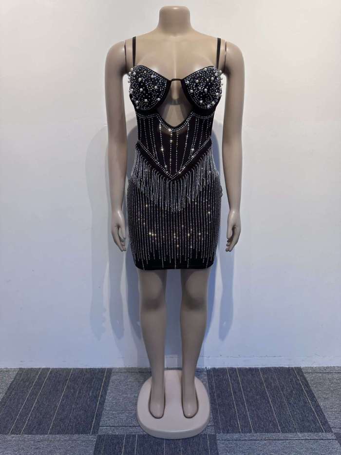 Sparkling Diamond Pearl Cutout Bodycon Dress
