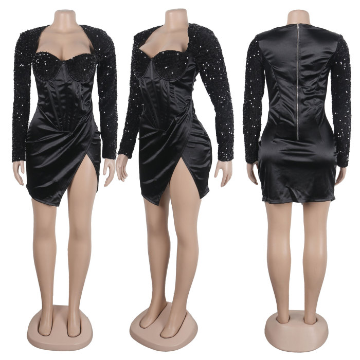 Ihoov's Bold Neckline and Thigh-High Slit Glittering Bodycon Dress